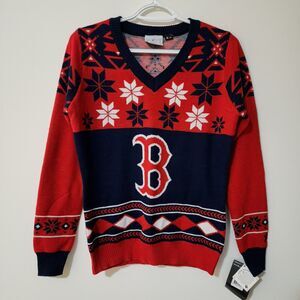 NWT Boston Red Sox Women’s Sweater M Red Blue Snowflake MLB Licensed Klew